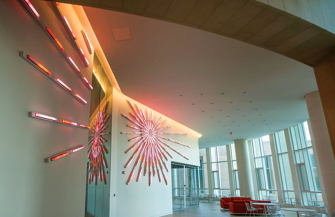 Leo Villareal’s LED installation radiates from the ceiling like a coded starburst at BioScience Research Collaborative