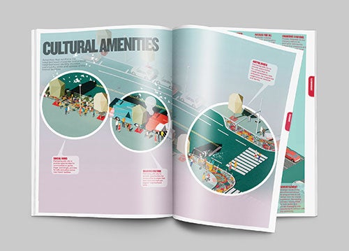  A spread from the Transit Environment Programming Catalog for METRO Harris County by UltraBarrio. The catalog supports projects to provide cultural amenities that reinforce neighborhood character and identity in Houston. 