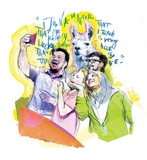 Illustration of students posing for selfies with a llama by Zé Otavio