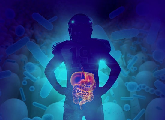 Imagery of athlete with a GI tract and microbiome floating around