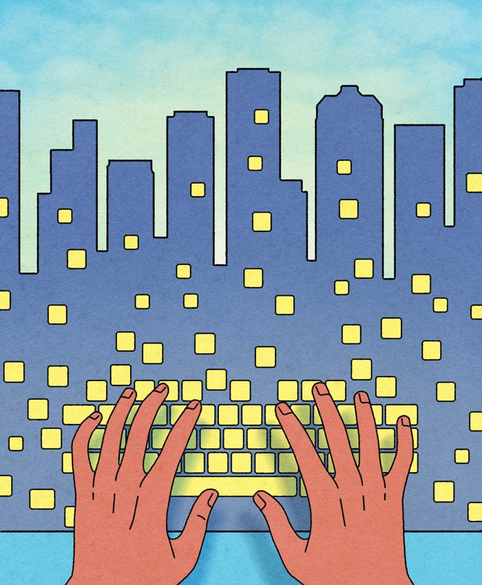 Illustration of hands on a keyboard with yellow keys that float into the Houston downtown skyline as windows