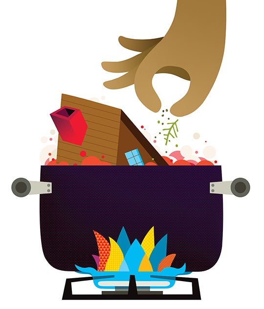 Illustration of a pot on a gas stove over a flame. In the pot is a house boiling in broth. A hand emerges from the top and sprinkles seasoning into the soup. Illustration by Alex Eben Meyer.