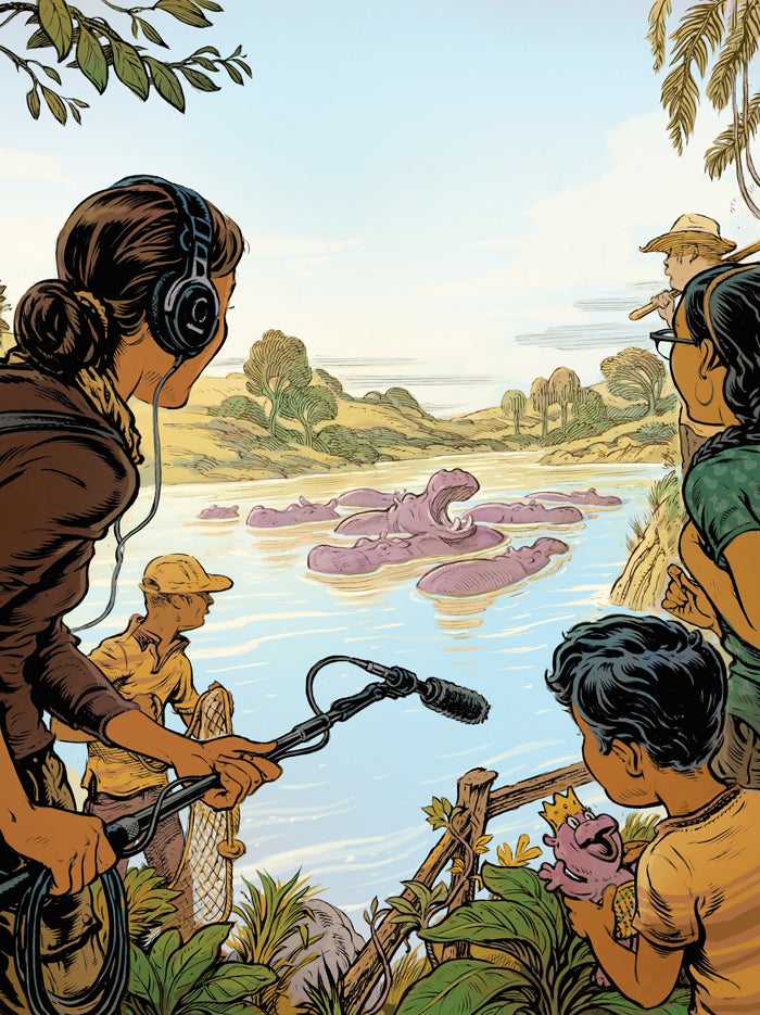 Illustration of of hippos in Colombia's Magdalena River with researchers and community looking at them