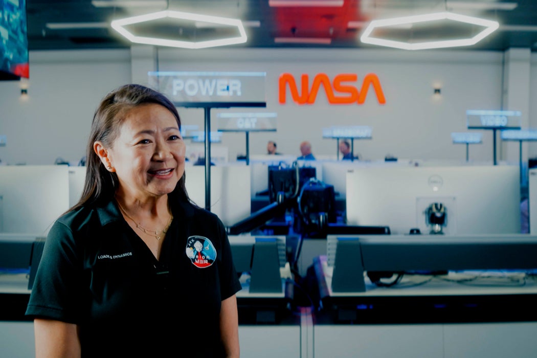 Photo of Quyen Jones in the Mission Control Center at NASA’s Johnson Space Center