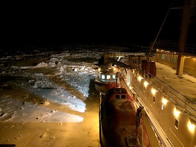 Stern view of the Palmer transiting through sea ice early on the morning of March 15.