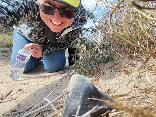 Linda Welzenbach Fries with the first meteorite found. 