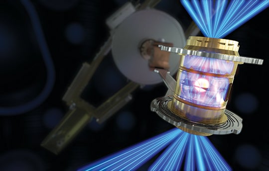 To create fusion ignition, the National Ignition Facility’s laser energy is converted into X-rays inside the chamber, which then compress a fuel capsule until it implodes, creating a high-temperature, high-pressure plasma.