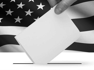 Black and white flag with voter ballot box