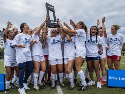 The No. 25 ranked soccer team celebrates its C-USA Championship win April 17, 2021, earning a spot in the NCAA Tournament. Photo by Tommy LaVergne