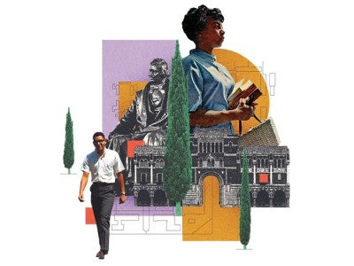 A photo illustration showing the statue of William Marsh Rice juxtaposed with Lovett Hall, and the first Black students admitted to Rice — Jacqueline McCauley and Raymond Johnson