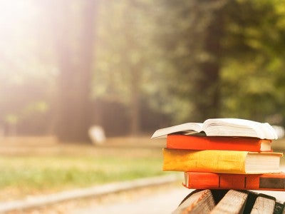 Photo of a stack of books on a park bench