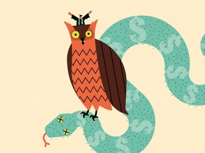 Illustration of an owl standing on top of a snake that is covered in dollar signs by Errata Carmona