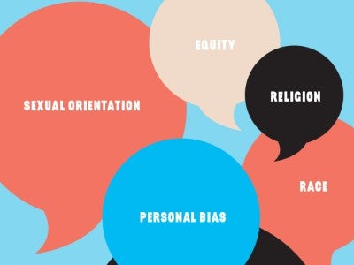 Text bubbles with the words "sexual orientation," "equity," "religion," "personal bias," and "race" on them.