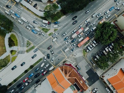 overhead view of cars on street