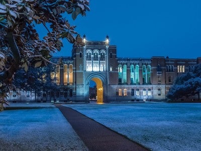 Photo of snowy Rice campus by Tommy LaVergne