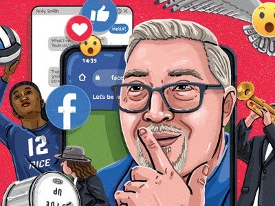 Illustration of Rob LaVohn with Facebook logo, emojis, a smart phone and Sammy the Owl