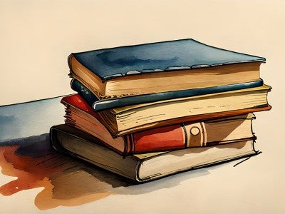 Watercolor painting of a stack of books