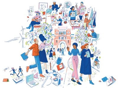Illustration of Lovett Hall with teaching and research themes