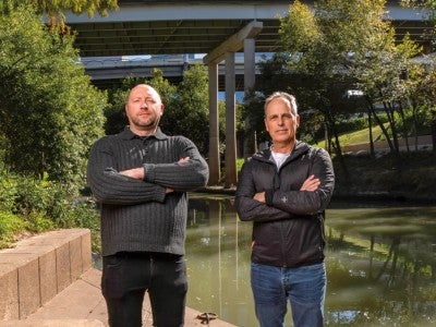 Dominic Boyer and Jim Elliott on the banks of Houston’s Buffalo Bayou