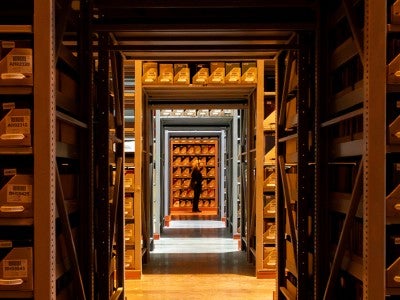 Photo of person looking at rows of books at Library Services Center