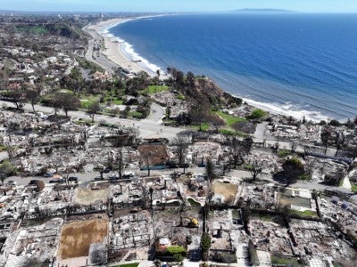Aerial view of fire damage in Pacific Palisades