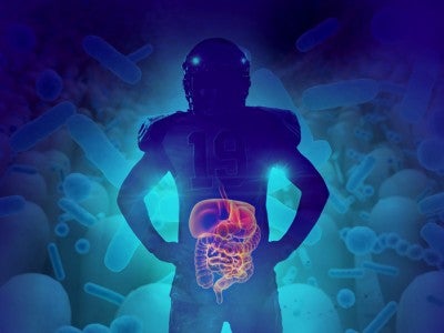 Imagery of athlete with a GI tract and microbiome floating around