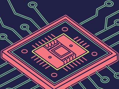 Illustration of a computer chip with data branching out