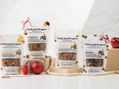Product photo of Little Red Wagon granola with festive props