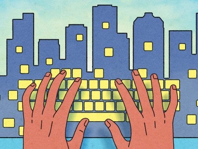 Illustration of hands on a keyboard with yellow keys that float into the Houston downtown skyline as windows